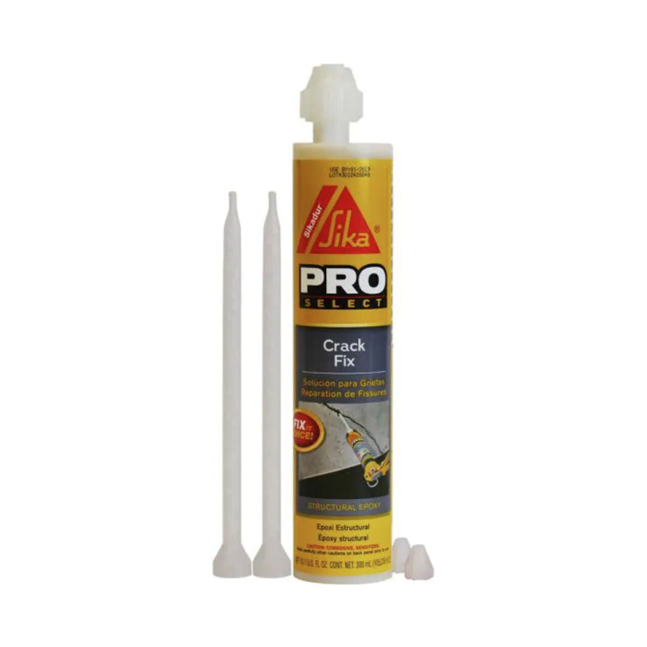 A yellow and gray tube of Go Build 6 fl. oz. Structural Epoxy Crack Fix features two white mixing nozzles, a small cap, and a label with Go Build, The Fastest Way To Build branding and application details for epoxy crack repair.